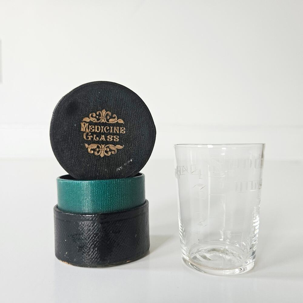 Antique 1880s Victorian English Medicine Glass Apothecary Measuring Cup Case